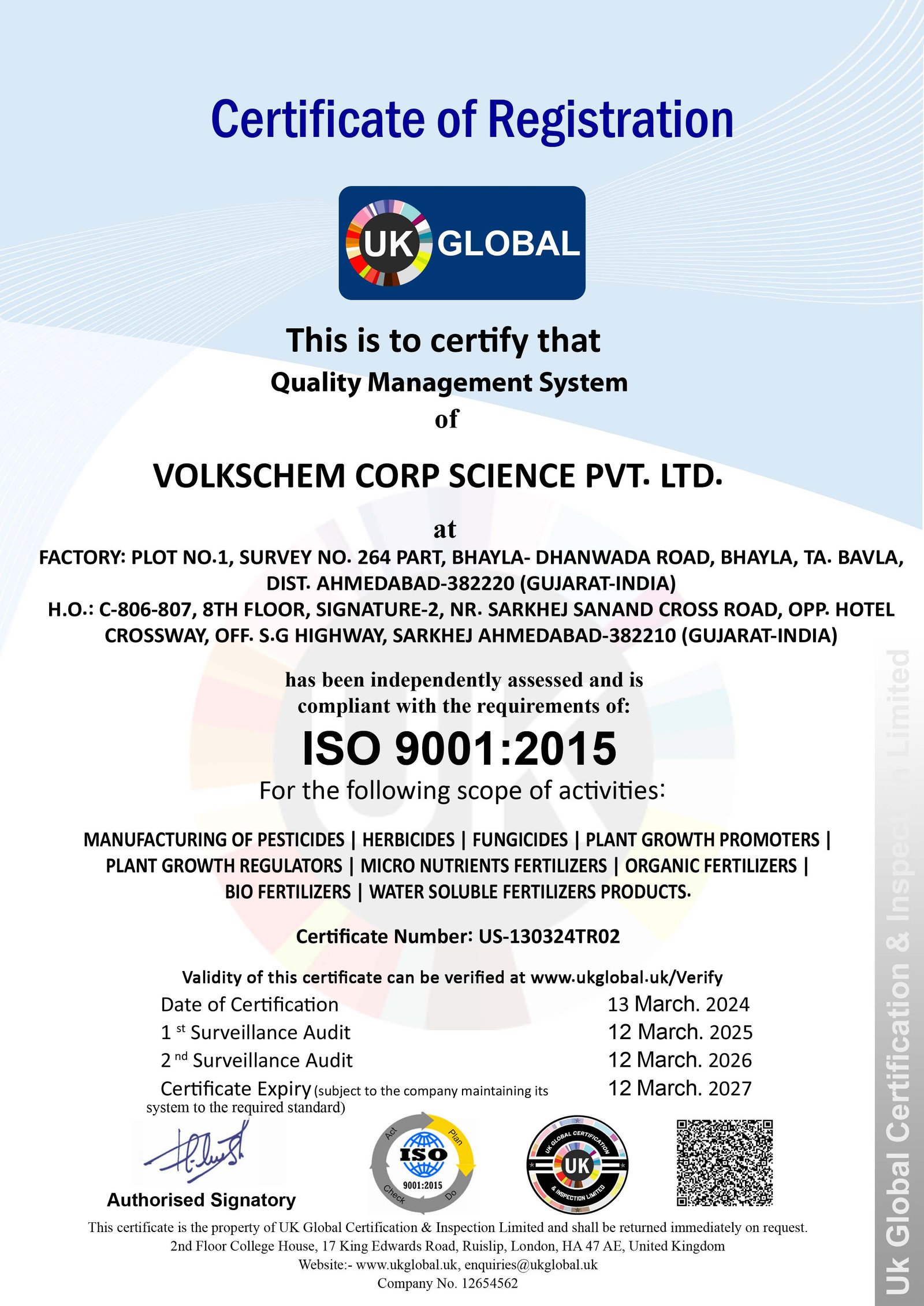 ISO 9001:2015 Certificate - Volkschem Pesticide Manufacturer
