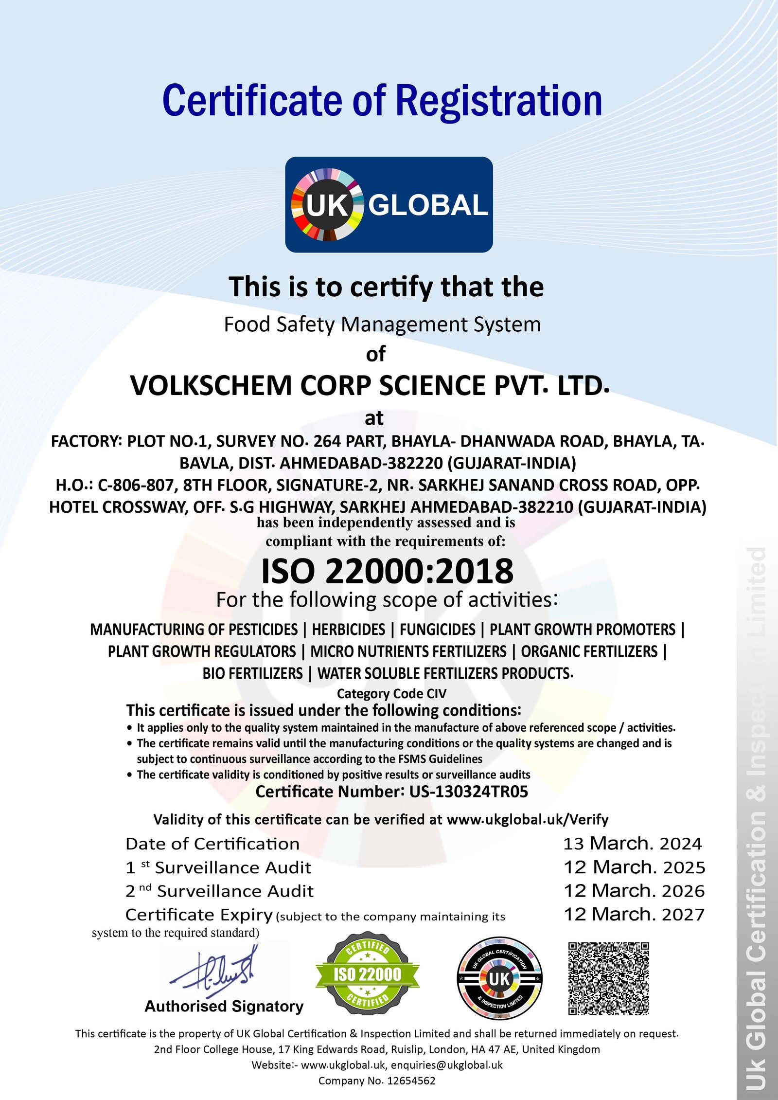 ISO 22000:2018 Certificate